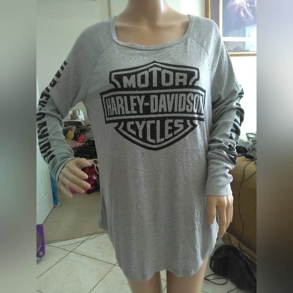 Harley-Davidson Gray Long Sleeve Shirt Ribbed Logo Down Sleeves Xx+ Soft Sz.Lg
